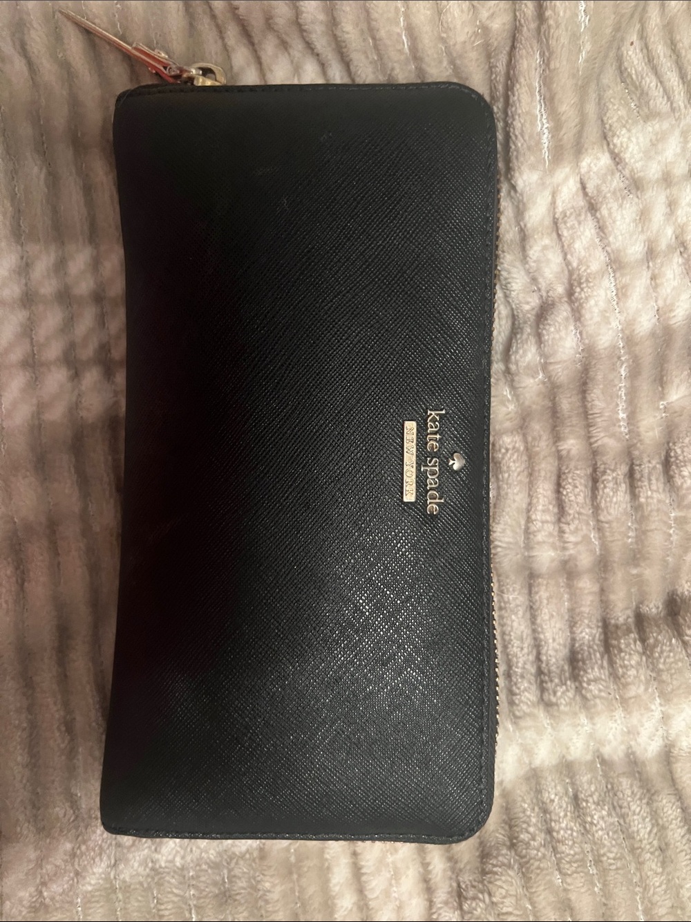 kate spade Black Zip-Around Saffiano Wallet with Gold Logo